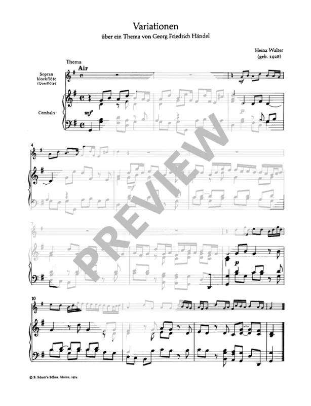 Walter Variations upon a theme by Handel for Descant Recorder and Piano