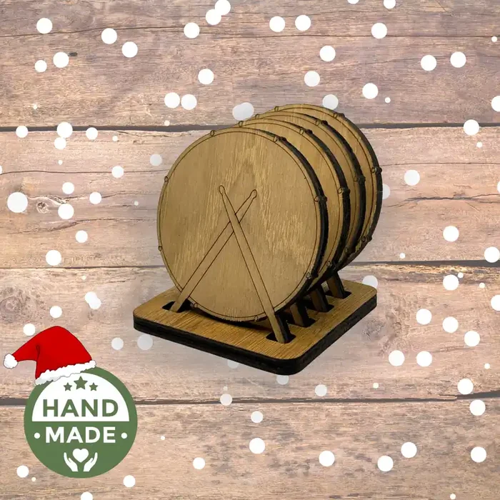 Wooden Drummer Coasters Set of 4 w/ Stand